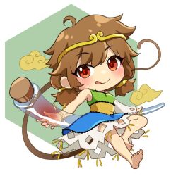 Rule 34 | 1girl, barefoot, brown hair, chibi, cloud, detached sleeves, dress, full body, holding, looking at viewer, low twintails, monkey tail, multicolored clothes, multicolored dress, nnyara, red eyes, ruyi jingu bang, single-shoulder dress, single detached sleeve, smile, solo, son biten, tail, tongue, tongue out, touhou, twintails