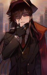 Rule 34 | 1girl, brown hair, building, cape, commentary request, contemporary, earrings, fate/grand order, fate (series), gloves, gold necklace, hair between eyes, hand on own chin, hat, jacket, jewelry, long hair, looking at viewer, march ab, multiple rings, necklace, necktie, oda nobunaga (fate), oda nobunaga (koha-ace), oda uri, parted lips, peaked cap, red eyes, ring, sidelocks, skyscraper, solo, suit jacket, upper body