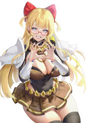Rule 34 | 1girl, absurdres, armor, black shirt, black thighhighs, bow, breasts, brown skirt, cleavage, cleavage cutout, clothing cutout, commentary, cowboy shot, genetic (ragnarok online), glasses, grey eyes, grin, hair bow, heart, heart hands, highres, large breasts, long hair, looking at viewer, miniskirt, pauldrons, ragnarok online, red-framed eyewear, red bow, sanonoreku rlo, shirt, shoulder armor, simple background, skirt, smile, solo, symbol-only commentary, teeth, thighhighs, two side up, vambraces, white background