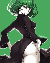 Rule 34 | 1girl, artist name, ass, black dress, breasts, closed mouth, dress, from behind, green background, green eyes, green hair, green theme, highres, huge ass, long sleeves, looking at viewer, looking back, medium breasts, miss faves, one-punch man, short hair, side slit, solo, tatsumaki, thick thighs, thighs, v-shaped eyebrows
