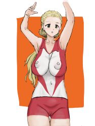 Rule 34 | 1girl, absurdres, blonde hair, blush, bodypaint, girls und panzer, green eyes, hairband, highres, inverted nipples, long hair, nude, painted clothes, ppopopere, pubic hair, pussy, sasaki akebi, shinisou-nakoorogi