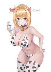 Rule 34 | $hu, 1girl, :q, absurdres, ahoge, animal ears, animal print, bare arms, bare shoulders, bikini, blonde hair, blush, bottle, breasts, cleavage, closed mouth, collarbone, cow ears, cow horns, cow print, cowboy shot, fate/grand order, fate (series), highres, holding, holding bottle, horns, kemonomimi mode, large breasts, leaning forward, looking at viewer, milk bottle, navel, nero claudius (fate), nero claudius (fate) (all), nero claudius (fate/extra), print bikini, print thighhighs, short hair, smile, solo, swimsuit, thigh gap, thighhighs, tongue, tongue out, umu (phrase)