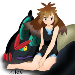 Rule 34 | 1girl, absurdres, antenna hair, aqua shorts, arm at side, arm between legs, armpits, artist request, bare shoulders, barefoot, black shirt, brown eyes, brown hair, child, collarbone, creatures (company), dragon, eyelashes, feet, female focus, fingernails, flat chest, full body, game freak, gen 6 pokemon, green (pokemon), happy, highres, leaf (pokemon), legs, legs together, long hair, looking at viewer, lying, matching hair/eyes, neck, nintendo, noivern, parted bangs, pokemon, pokemon lgpe, print shirt, shiny skin, shirt, short shorts, shorts, side slit, sidelocks, signature, simple background, size difference, sleeveless, sleeveless shirt, smile, thighs, thighs together, toenails, toes, two-tone shirt, white background