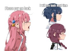 Rule 34 | 3girls, blue eyes, blue hair, blunt bangs, bocchi the rock!, braid, closed eyes, closed mouth, commentary, crying, crying asagiri aya (meme), cube hair ornament, english commentary, english text, gotoh hitori, hair between eyes, hair ornament, highres, hiroi kikuri, jacket, long hair, meme, multiple girls, one side up, pink hair, pink jacket, red hair, simple background, takao (88499191), track jacket, upper body, white background, yamada ryo