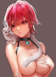 Rule 34 | 1girl, animal, breasts, choker, closed mouth, convenient censoring, covering privates, covering breasts, dated, ddongu, female focus, gem, jewelry, large breasts, lips, looking at viewer, original, pendant, red eyes, red hair, short hair, simple background, solo, tail censor, topless, topless frame, underboob, upper body, weasel
