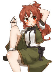 Rule 34 | 1girl, :&lt;, adjusting hair, alternate eye color, alternate hairstyle, amonitto, arm up, blush, braid, brown hair, hong meiling, long hair, looking at viewer, open clothes, open vest, ponytail, puffy short sleeves, puffy sleeves, red eyes, ribbon, sash, shirt, short sleeves, side braid, simple background, sitting, skirt, solo, touhou, twin braids, tying hair, vest, white background