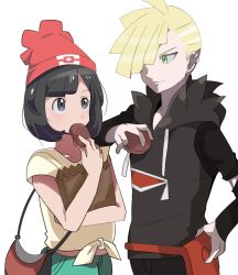 Rule 34 | 1boy, 1girl, anime coloring, arm on another&#039;s shoulder, bag, beanie, black eyes, black hair, blonde hair, collarbone, cowboy shot, creatures (company), eating, eye contact, food, game freak, gladion (pokemon), green eyes, hand on own hip, handbag, hat, light smile, looking at another, malasada, midriff, nintendo, paper bag, pokemon, pokemon sm, pouch, rem (eyes 410), selene (pokemon), shirt, short hair, simple background, tied shirt, white background
