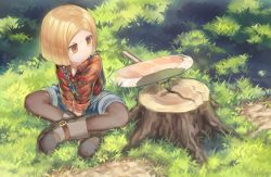 Rule 34 | 1girl, axe, black pantyhose, blonde hair, boots, brown eyes, brown footwear, child, closed mouth, collared shirt, crossed legs, day, fate/grand order, fate (series), flannel, grass, long sleeves, looking away, looking to the side, monosenbei, outdoors, overall shorts, overalls, pantyhose, paul bunyan (fate), paul bunyan (second ascension) (fate), shirt, short hair, sitting, solo, tree stump