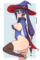 Rule 34 | 1girl, absurdres, artist name, ass, black thighhighs, blue leotard, blush, breasts, cape, covered erect nipples, earrings, from side, fur-trimmed cape, fur trim, genshin impact, green eyes, hair between eyes, hat, high heels, highres, jewelry, kuromaruart, leotard, long hair, long sleeves, looking back, medium breasts, mona (genshin impact), purple hair, purple hat, sideboob, simple background, solo, standing, standing on one leg, star (symbol), star earrings, strapless, strapless leotard, sweat, thighhighs, thighs, twintails, witch hat, yellow footwear