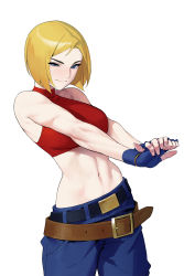 Rule 34 | 1girl, bad id, bad pixiv id, baggy pants, bare shoulders, belt, belt skirt, blonde hair, blue eyes, blue gloves, blue mary, bob cut, breasts, cowboy shot, crop top, denim, dongho kang, fatal fury, fingerless gloves, forehead, gloves, halterneck, highres, large breasts, linea alba, looking at viewer, loose belt, midriff, multiple belts, navel, pants, red shirt, shirt, short hair, simple background, sleeveless, smile, snk, solo, stretching, the king of fighters, turtleneck, v arms, white background