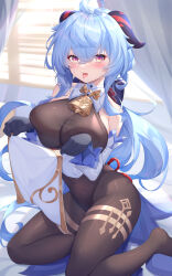 Rule 34 | 1girl, absurdres, ahoge, bell, black gloves, black leotard, blue hair, blush, breasts, clothes lift, curtains, detached sleeves, ganyu (genshin impact), genshin impact, gloves, goat horns, heart, heart-shaped pupils, highres, horns, kuroida, large breasts, leotard, lifted by self, long hair, looking at viewer, low ponytail, neck bell, open mouth, pantyhose, pelvic curtain, pelvic curtain lift, purple eyes, raised eyebrows, saliva, sitting, solo, symbol-shaped pupils, thighlet, tongue, tongue out, very long hair, wavy hair, window, window blinds, yokozuwari