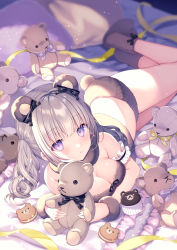 Rule 34 | 1girl, animal ears, bare shoulders, bear ears, bear tail, bed sheet, blush, breasts, brown shorts, brown socks, cleavage, closed mouth, commentary request, cookie, cupcake, food, grey hair, highres, holding, holding stuffed toy, long hair, looking at viewer, lying, medium breasts, no shoes, on side, original, pillow, purple eyes, short shorts, shorts, sidelocks, socks, solo, stuffed animal, stuffed toy, tail, teddy bear, twintails, wasabi (sekai)