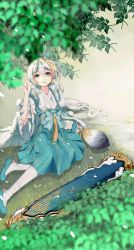 Rule 34 | 1girl, absurdres, artist request, bad link, blue eyes, blue footwear, blurry, blurry foreground, china dress, chinese clothes, closed mouth, dress, earrings, full body, grass, guzheng, hair ornament, hand fan, highres, holding, holding fan, honkai (series), honkai impact 3rd, jewelry, long hair, looking at viewer, outdoors, sitting, sleeves past elbows, smile, solo, theresa apocalypse, zhuge kongming (honkai impact), thighhighs, white hair, zhuge kongming (honkai impact)