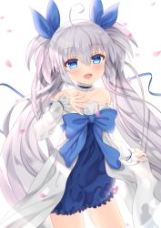 Rule 34 | 1girl, ahoge, bare shoulders, blue eyes, blush, choker, copyright request, dress, hair ribbon, hand up, highres, hiyada yuu, long hair, looking at viewer, open mouth, petals, ribbon, silver hair, simple background, smile, solo, twintails, very long hair, white background