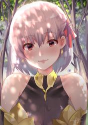 Rule 34 | 1girl, absurdres, bare shoulders, blush, close-up, closed eyes, collarbone, dappled sunlight, day, donatsu (donut007008), earrings, fate/grand order, fate (series), hair ribbon, highres, jewelry, kama (fate), kama (first ascension) (fate), looking at viewer, pink lips, red eyes, red ribbon, ribbon, short hair, signature, silver hair, smile, solo, sunlight, tree, upper body