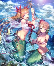 Rule 34 | 2girls, armlet, blue eyes, brown hair, character request, fins, flower, hair flower, hair ornament, harp, head fins, holding, holding instrument, holding wand, instrument, irua, long hair, looking at viewer, mermaid, monster girl, multiple girls, navel, open mouth, revealing clothes, scales, shingeki no bahamut, sitting, smile, wand