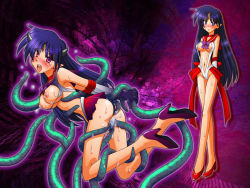 Rule 34 | 1990s (style), 1girl, bishoujo senshi sailor moon, blush, breasts, corruption, crooked navel, hino rei, horns, pointy ears, pussy, sailor mars, tentacles