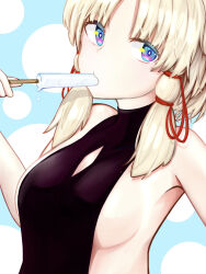 Rule 34 | 1girl, alternate breast size, alternate costume, alternate eye color, black one-piece swimsuit, blonde hair, blue background, blue eyes, breasts, commentary request, diamond cutout, expressionless, food in mouth, hair ribbon, highres, large breasts, looking at viewer, medium bangs, medium hair, moriya suwako, natsumikan (o-whon), one-piece swimsuit, open mouth, parted bangs, popsicle, popsicle in mouth, red ribbon, ribbon, sideboob, sidelocks, solo, swimsuit, touhou, upper body