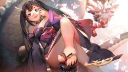 Rule 34 | 1girl, bare shoulders, black hair, blurry, blurry background, crossed legs, detached collar, detached sleeves, dragon, dragon horns, fangs, feet, highres, horns, japanese clothes, kamisakai, kimono, obi, open mouth, original, pointy ears, purple eyes, sash, sitting, slit pupils, solo, strapless, toes, twintails