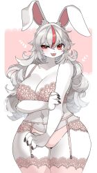 Rule 34 | 1girl, animal ears, blush, body fur, bra, breasts, brown eyes, collarbone, commission, furry, furry female, garter belt, garter straps, grey fur, heart, highres, holding own arm, huge breasts, lace, lace bra, lace panties, lace thighhighs, long hair, multicolored hair, navel, original, panties, pink bra, pink panties, pink thighhighs, rabbit ears, rabbit girl, red hair, skeb commission, smile, solo, streaked hair, thighhighs, tongue, tongue out, underwear, very long hair, zakro