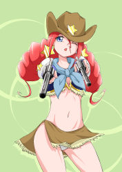 Rule 34 | 10s, 1girl, ;o, blue eyes, cowboy hat, drill hair, earrings, freckles, fringe trim, gun, happinesscharge precure!, hat, highres, izuna masaru, jewelry, long hair, looking at viewer, magical girl, midriff, one eye closed, open mouth, panties, pantyshot, precure, red hair, red haired cure (bomber girls precure) (happinesscharge precure!), skirt, solo, standing, star (symbol), twintails, underwear, weapon