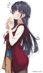 Rule 34 | 1girl, blue hair, blush, boku no kokoro no yabai yatsu, braid, breasts, brown eyes, brown pantyhose, dark blue hair, dress, earrings, eating, food, food on face, french braid, holding, holding food, hong (white spider), jewelry, large breasts, long hair, long sleeves, looking at viewer, mole, mole on neck, multiple moles, pantyhose, red dress, shirt, simple background, single earring, solo, thighs, white background, white shirt, yamada anna