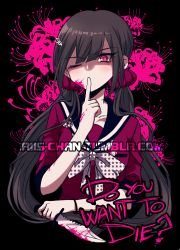Rule 34 | 1girl, black background, blood, brown hair, collarbone, commentary, criis-chan, cropped torso, danganronpa (series), danganronpa v3: killing harmony, english text, floral print, flower, hair ornament, hair scrunchie, hairclip, hand up, harukawa maki, holding, holding knife, index finger raised, knife, long arms, long hair, looking at viewer, mole, mole under eye, one eye closed, pink background, pink blood, red eyes, red shirt, sailor collar, school uniform, scrunchie, shirt, solo, spider lily, spider lily print, symbol-only commentary, tumblr username, upper body, watermark, web address