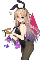 Rule 34 | 1girl, ^^^, animal ears, bare arms, bare shoulders, black hairband, black leotard, black necktie, black pantyhose, blonde hair, blue eyes, blush, brown hair, carrot, cowboy shot, embarrassed, fake animal ears, female focus, food, from side, gradient hair, hairband, highres, holding, holding tray, leotard, long hair, looking at viewer, looking to the side, motion lines, multicolored hair, necktie, nose blush, open mouth, original, pantyhose, playboy bunny, rabbit ears, simple background, solo, standing, strapless, strapless leotard, surprised, tearing up, tears, tray, triangle, two side up, v-shaped eyebrows, vegetable, very long hair, white background, zzb