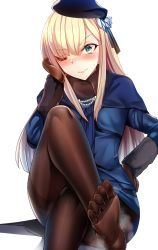 Rule 34 | 1girl, ;), blonde hair, blue coat, blush, brown gloves, brown scarf, capelet, closed mouth, coat, crossed legs, fate/grand order, fate (series), flower, foot up, gloves, green eyes, hair between eyes, hair flower, hair ornament, hand on own hip, hat, highres, long hair, long sleeves, looking at viewer, lord el-melloi ii case files, one eye closed, pantyhose, reines el-melloi archisorte, rose, scarf, sidelocks, silly (marinkomoe), simple background, sitting, smile, solo, sweat, tilted headwear, tsurime, white background