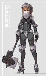 Rule 34 | 1girl, black bodysuit, black footwear, black gloves, black thighhighs, bodysuit, breasts, brown eyes, brown hair, commentary request, covered mouth, covered navel, english text, full body, gloves, grey background, hair between eyes, high heels, holding, holding weapon, kopaka (karda nui), long sleeves, looking at viewer, mecha musume, original, small breasts, solo, standing, thighhighs, visor (armor), weapon