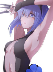 Rule 34 | 1girl, armpits, arms up, bare shoulders, belt, black belt, black gloves, black hairband, black leotard, blush, breasts, center opening, dagger, dark-skinned female, dark skin, fate/prototype, fate/prototype: fragments of blue and silver, fate (series), fingerless gloves, gloves, hairband, hassan of serenity (fate), highres, holding, holding dagger, holding knife, holding weapon, knife, leotard, looking at viewer, medium breasts, navel, parted lips, purple eyes, purple hair, sideboob, simple background, solo, upper body, walkure, weapon, white background