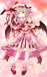 Rule 34 | 1girl, adapted costume, alternate hair length, alternate hairstyle, ankle cuffs, ascot, bad id, bad pixiv id, bat (animal), bat wings, baton, bow, brooch, dress, fang, female focus, flower, frills, hand on own hip, hat, hat ribbon, heart, jaku sono, jewelry, long hair, magical girl, open mouth, pink eyes, pink flower, pink rose, remilia scarlet, ribbon, rose, sash, shirt, short sleeves, showgirl skirt, silver hair, skirt, skirt set, slit pupils, smile, solo, sparkle, striped clothes, striped dress, touhou, wings, wrist cuffs