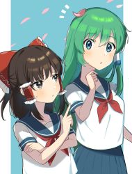 Rule 34 | 2girls, alternate costume, blue background, blue skirt, blush, bow, breast conscious, breasts, brown eyes, brown hair, collarbone, commentary request, falling petals, flat chest, frilled hair tubes, frills, frog hair ornament, green eyes, green hair, hair bow, hair ornament, hair tubes, hakurei reimu, highres, index finger raised, kochiya sanae, large breasts, miz (mizillustration), multiple girls, notice lines, open mouth, petals, pleated skirt, pointing, red bow, school uniform, serafuku, short hair, short sleeves, sidelocks, skirt, snake hair ornament, standing, sweatdrop, touhou