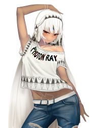 Rule 34 | 10s, 1girl, altera (fate), alternate costume, arm at side, arm up, bare arms, bare shoulders, belt, blunt bangs, blush, breasts, casual, closed mouth, clothes writing, commentary, contemporary, contrapposto, cowboy shot, dark-skinned female, dark skin, denim, fate/extra, fate/grand order, fate (series), i-pan, legs apart, looking at viewer, midriff, navel, pants, red eyes, revision, short hair, short sleeves, simple background, small breasts, solo, standing, tattoo, torn clothes, torn pants, veil, white background, white hair