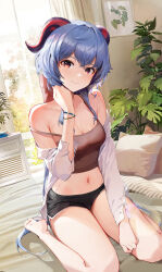 Rule 34 | 1girl, absurdres, bare legs, barefoot, blue hair, blush, breasts, cleavage, crop top, crossed bangs, curtains, dolphin shorts, full body, ganyu (genshin impact), genshin impact, glass, goat horns, hand on own neck, head tilt, highres, horns, indoors, kawa683, korean commentary, leaf, long hair, looking at viewer, low ponytail, midriff, navel, off shoulder, on bed, painting (object), pillow, plant, purple eyes, shirt, shorts, sidelocks, sitting, sleeveless, sleeveless shirt, small breasts, smile, solo, spaghetti strap, strap slip, tank top, thighs, wariza, white shirt, window