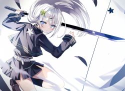 Rule 34 | 1girl, balancing, belt, belt buckle, black footwear, black shirt, black skirt, black socks, blue eyes, buckle, closed mouth, collared shirt, fighting stance, flower, from side, green night, hair flower, hair ornament, hairclip, hands up, highres, holding, holding sword, holding weapon, katana, leg up, long hair, long sleeves, looking at viewer, looking to the side, miniskirt, original, shirt, sidelocks, silver hair, skirt, socks, solo, sword, thighs, weapon