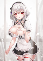 Rule 34 | 1girl, :o, anchor, apron, azur lane, bare arms, black dress, breasts, choker, cleavage, collarbone, cowboy shot, curtains, day, dress, frilled choker, frilled sleeves, frills, hairband, hand on own chest, hand up, highres, indoors, large breasts, maid apron, mellozzo, parted lips, petals, red eyes, short hair, short sleeves, silver hair, sirius (azur lane), solo, standing, thighhighs, white thighhighs, window