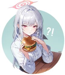 Rule 34 | !?, 1girl, blue archive, blush, braid, burger, center frills, circle, closed mouth, demon wings, food, frills, frown, grey hair, halo, haruna (blue archive), heart, highres, holding, holding food, long hair, looking at viewer, red eyes, shirt, simple background, single braid, solo, straight hair, table, white shirt, whoisshe, wings, wooden table