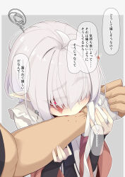 Rule 34 | 1boy, 1girl, abelia (ogami kazuki), bandaged hand, bandages, black dress, blood, blood sucking, burn scar, dress, grey background, grey hair, hair over one eye, hands up, highres, long sleeves, looking to the side, ogami kazuki, original, pointy ears, red eyes, scar, sleeves past wrists, squiggle, thick eyebrows, translation request, vampire, white dress