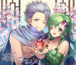 Rule 34 | 1boy, 1girl, ;d, breasts, detached sleeves, earrings, edward geraldine, final fantasy, final fantasy iv, green eyes, green hair, jewelry, long hair, looking at viewer, aged up, one eye closed, open mouth, rydia (ff4), sasanomesi, smile, star (symbol), star earrings