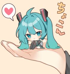 Rule 34 | :&gt;, ahoge, aqua eyes, aqua hair, bare shoulders, black footwear, black skirt, black sleeves, blush, boots, close-up, closed mouth, collared shirt, commentary, detached sleeves, full body, grey shirt, hair ornament, hands on own knees, hatsune miku, heart, highres, in palm, knees up, long hair, mini person, minigirl, number tattoo, open hand, palms, pink nails, shirt, shoulder tattoo, simple background, sitting, skirt, sleeveless, sleeveless shirt, smile, spoken heart, tattoo, thigh boots, translation request, twintails, very long hair, vocaloid, yuni (irohasuiroiro)