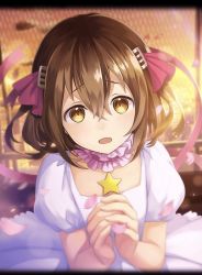 Rule 34 | 1girl, artist request, brown hair, cardcaptor sakura, chain-link fence, cosplay, dress, fence, hair between eyes, hair ornament, hairclip, jewelry, kinomoto sakura, kinomoto sakura (cosplay), longinus (phantom of the kill), necklace, official art, open mouth, own hands clasped, own hands together, phantom of the kill, pink ribbon, ribbon, short hair, star (symbol), star necklace, white dress, yellow eyes