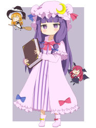 Rule 34 | 3girls, :d, bat wings, black dress, blush stickers, book, broom, broom riding, chibi, crescent, crescent hat ornament, crys (dai), dress, fang, full body, hat, hat ornament, head wings, highres, holding, holding book, kirisame marisa, koakuma, mob cap, multiple girls, open mouth, patchouli knowledge, purple background, simple background, skin fang, smile, standing, touhou, wings, witch hat