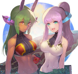 Rule 34 | 2girls, bare shoulders, blush, book, breasts, brown eyes, can, collarbone, commentary request, green eyes, green hair, green ribbon, hair ornament, holding, holding book, holding can, large breasts, long hair, multiple girls, nakamura eight, one-piece swimsuit, open mouth, pink hair, ponytail, puzzle &amp; dragons, ribbon, swimsuit, tongue, tongue out, upper body, white one-piece swimsuit