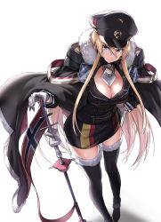 Rule 34 | 1girl, azur lane, bismarck (azur lane), black thighhighs, blonde hair, blue eyes, breasts, cape, cleavage, closed mouth, cross, fur-trimmed cape, fur-trimmed legwear, fur trim, hair between eyes, hat, iron cross, large breasts, lefthand, long hair, looking at viewer, military, military hat, military uniform, peaked cap, sidelocks, simple background, smile, solo, thighhighs, uniform