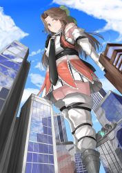 Rule 34 | 1girl, blue sky, boots, bow, breasts, brown eyes, brown hair, city, commission, day, dress, elbow gloves, from below, giant, giantess, gloves, hair bow, highres, jintsuu (kancolle), jintsuu kai ni (kancolle), kantai collection, ken (shutenndouji1), long hair, medium breasts, necktie, orange dress, outdoors, reflection, sideboob, skeb commission, sky, solo, thigh boots