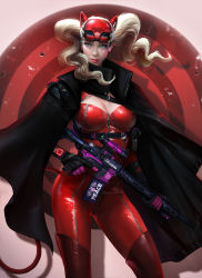 Rule 34 | 1girl, absurdres, adapted costume, amamiya ren, blonde hair, bodysuit, breasts, cat mask, choo chen liang, cleavage, fingerless gloves, freckles, gloves, green eyes, gun, highres, jacket, jacket on shoulders, lips, mask, unworn mask, persona, persona 5, realistic, red bodysuit, red legwear, rifle, smile, solo, takamaki anne, trigger discipline, twintails, weapon, zipper