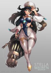 Rule 34 | 1girl, black hair, blue eyes, breasts, cancer (zodiac), covered erect nipples, covered navel, full body, gradient background, grey background, grey pantyhose, gun, hair between eyes, hat, holding, holding gun, holding weapon, leotard, long hair, looking at viewer, narrow waist, original, pantyhose, simple background, solo, tamada heijun, thighband pantyhose, very long hair, weapon, wide hips, zodiac
