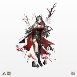 Rule 34 | 1girl, absurdres, animal ears, antlers, arknights, asymmetrical footwear, bell, belt, belt buckle, black dress, black footwear, black gloves, black hair, boots, branch, breasts, buckle, cleavage, closed mouth, coin, deer antlers, deer ears, deer girl, dress, earrings, elbow gloves, gloves, highres, holed coin, horns, jewelry, knee boots, large breasts, looking at viewer, partially fingerless gloves, qiu bai (arknights), red eyes, sheath, sheathed, simple background, single knee boot, single thigh boot, single thighhigh, solo, sparkle, sword, thigh boots, thighhighs, weapon, white background, yuuki mix