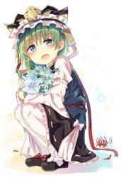 Rule 34 | 1girl, black footwear, black hat, black skirt, blue eyes, bouquet, bow, flower, footwear bow, full body, green eyes, hat, hat ribbon, holding, holding flower, long sleeves, looking at viewer, pantyhose, red bow, red ribbon, ribbon, ribbon-trimmed skirt, ribbon trim, shiki eiki, shoes, simple background, skirt, smile, solo, spider lily, squatting, to-den (v-rinmiku), touhou, vest, white background, white bow, white pantyhose, white ribbon, wide sleeves